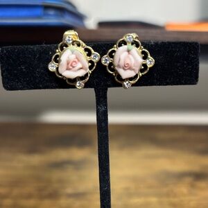 1928 Gold Earrings with Pink Rose and Crystal Accents